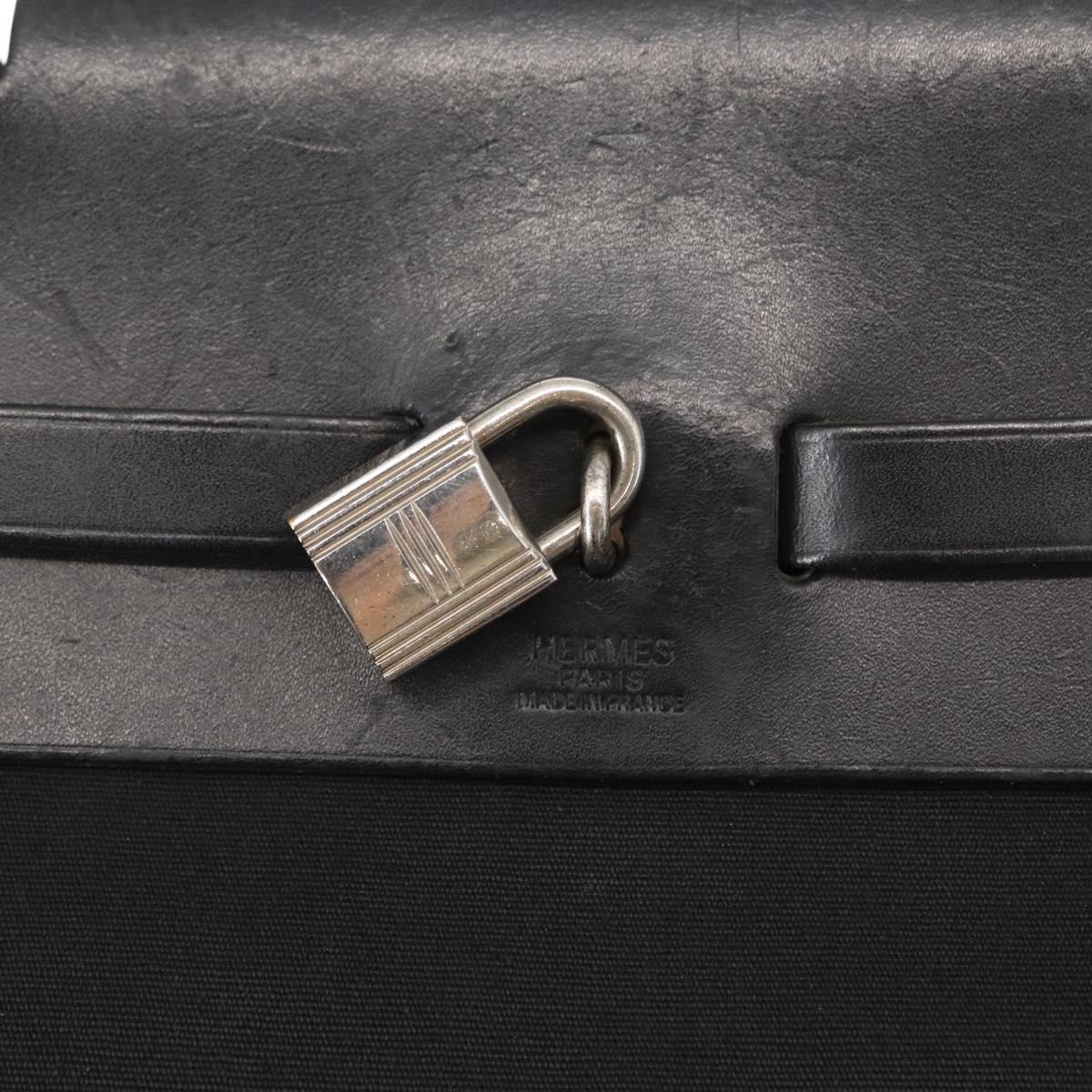 HERMES Herbag MM Hand Bag Canvas Leather Black Silver Auth gh1501