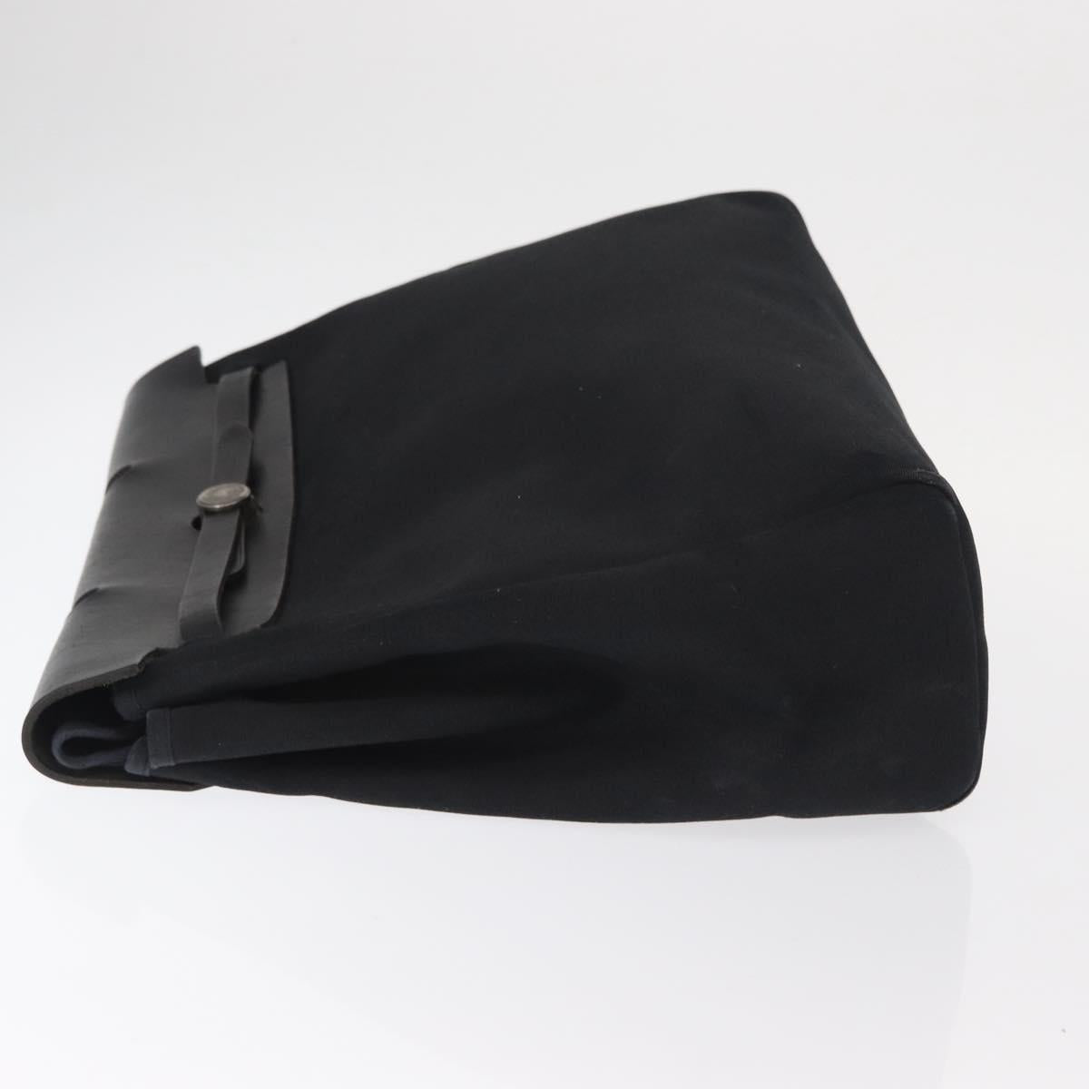 HERMES Herbag MM Hand Bag Canvas Leather Black Silver Auth gh1501