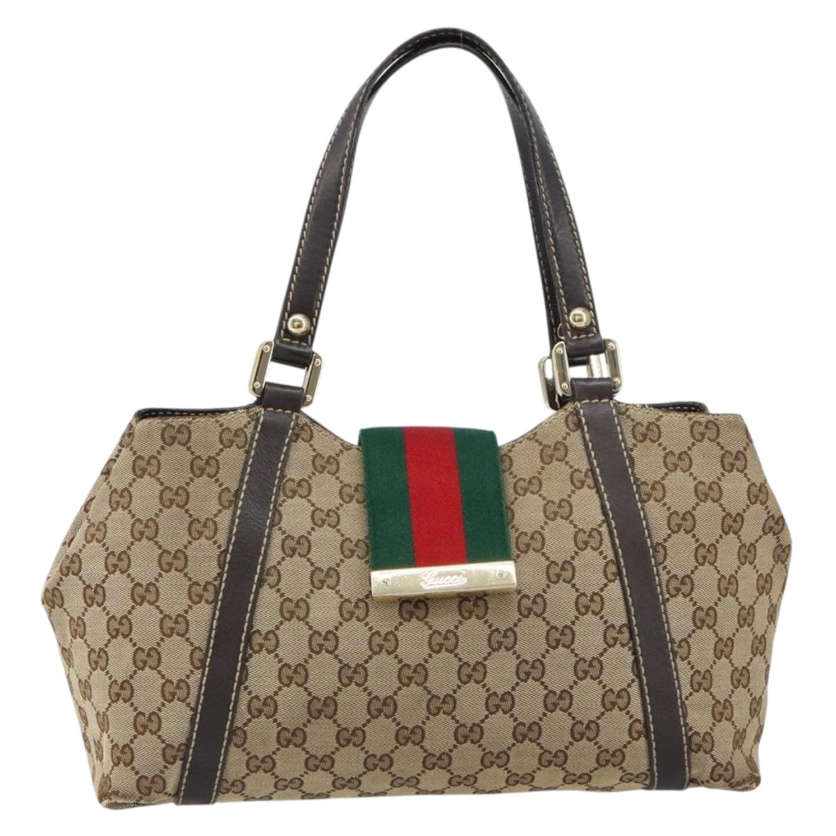 GUCCI GG Canvas Web Sherry Line Tote Bag Beige Gold 211937 Auth gh1522