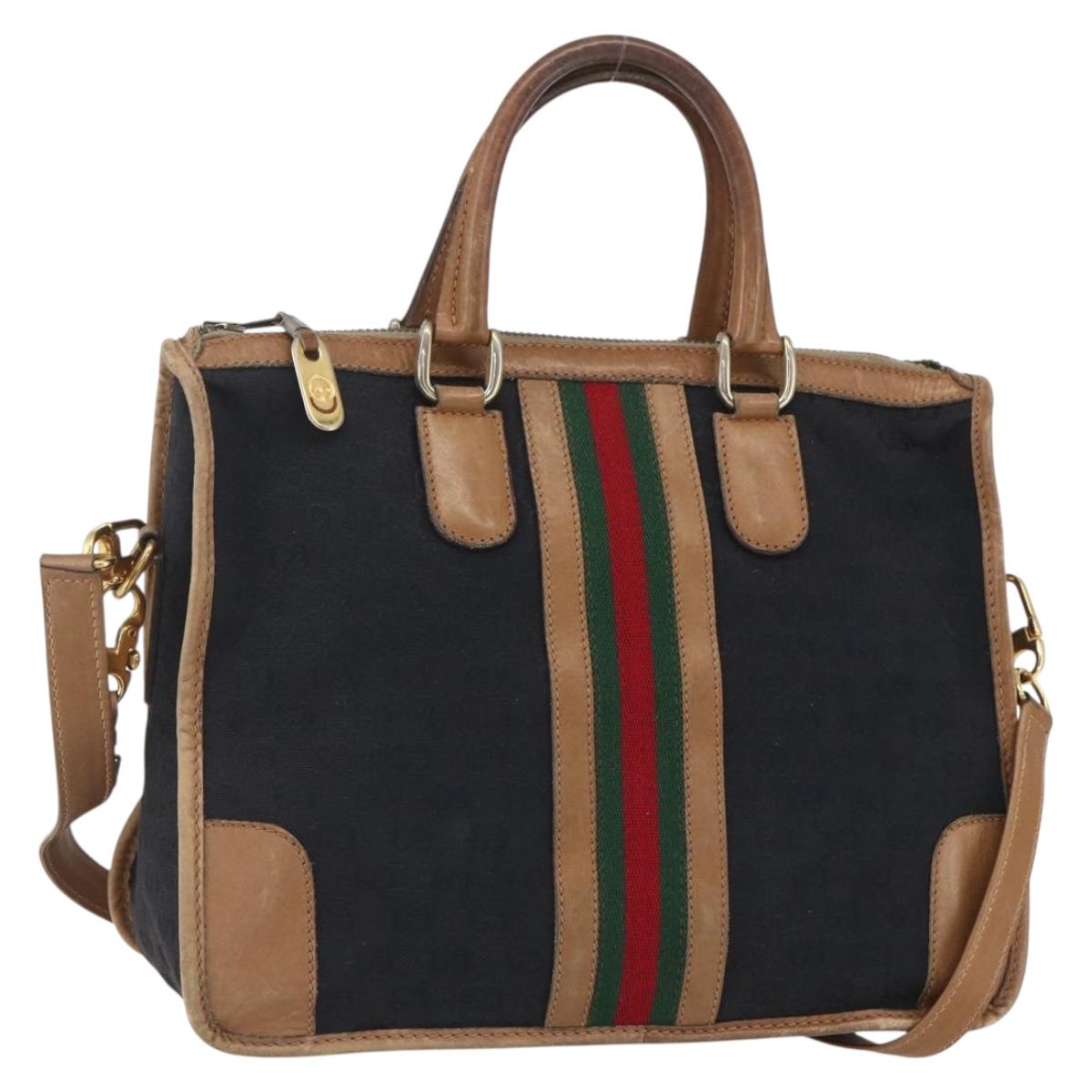 GUCCI Web Sherry Line GG Canvas Hand Bag 2way Black Gold Auth gh1528