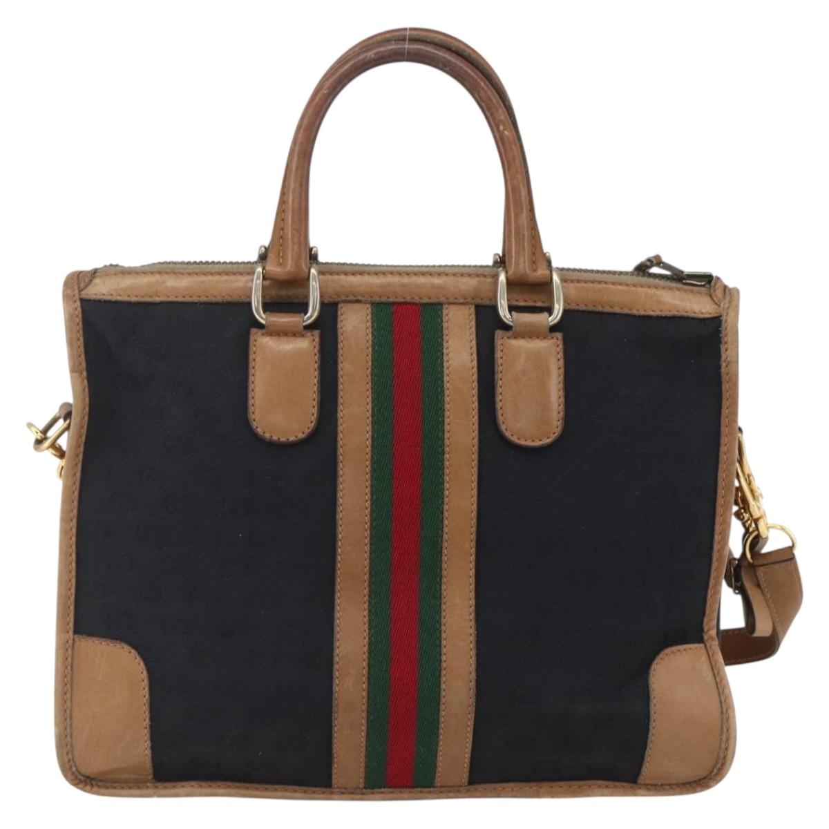 GUCCI Web Sherry Line GG Canvas Hand Bag 2way Black Gold Auth gh1528