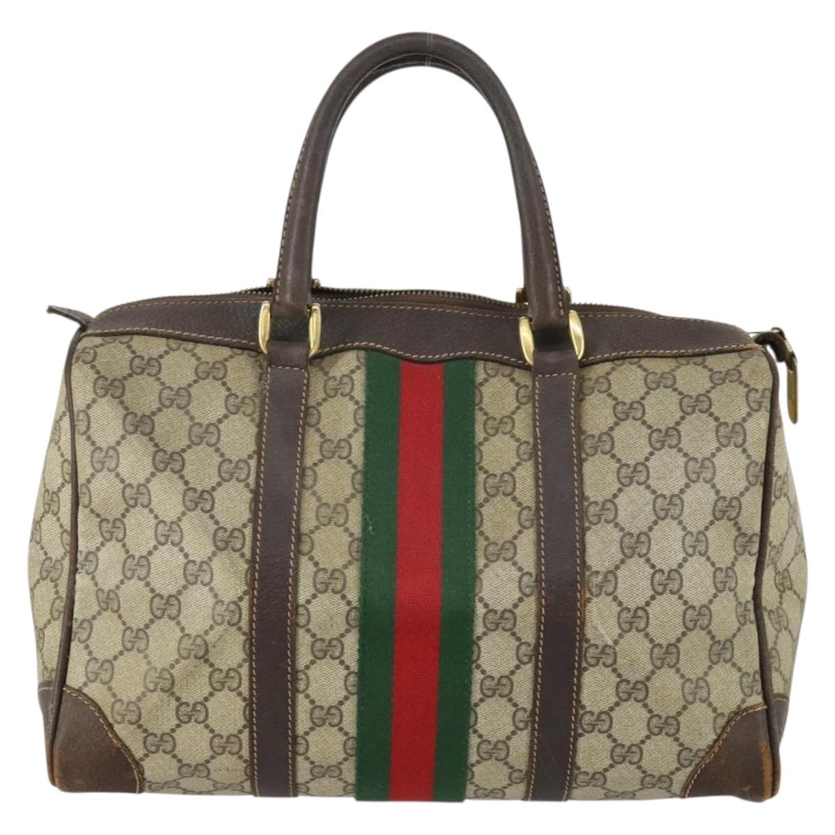 GUCCI GG Supreme Web Sherry Line Boston Bag PVC Beige Gold Auth gh1531