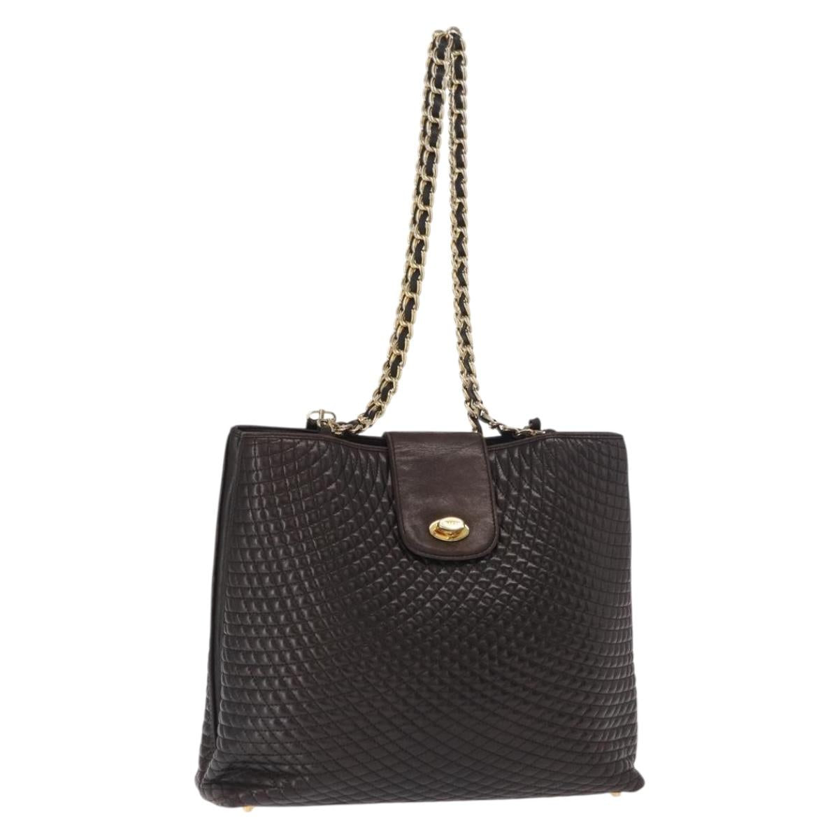 BALLY Chain Shoulder Bag Leather Brown Gold Auth gh1537