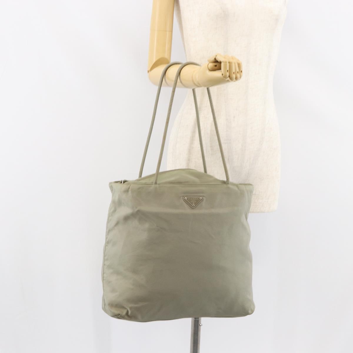 PRADA Tote Bag Nylon Khaki Silver Auth gh1543