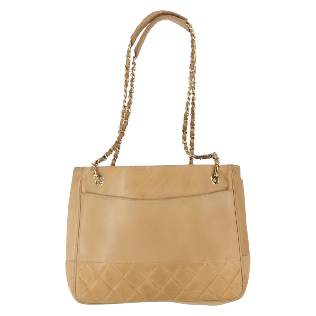 CHANEL Chain Matelasse Shoulder Bag Lamb Skin Beige Gold CC Auth gh1553