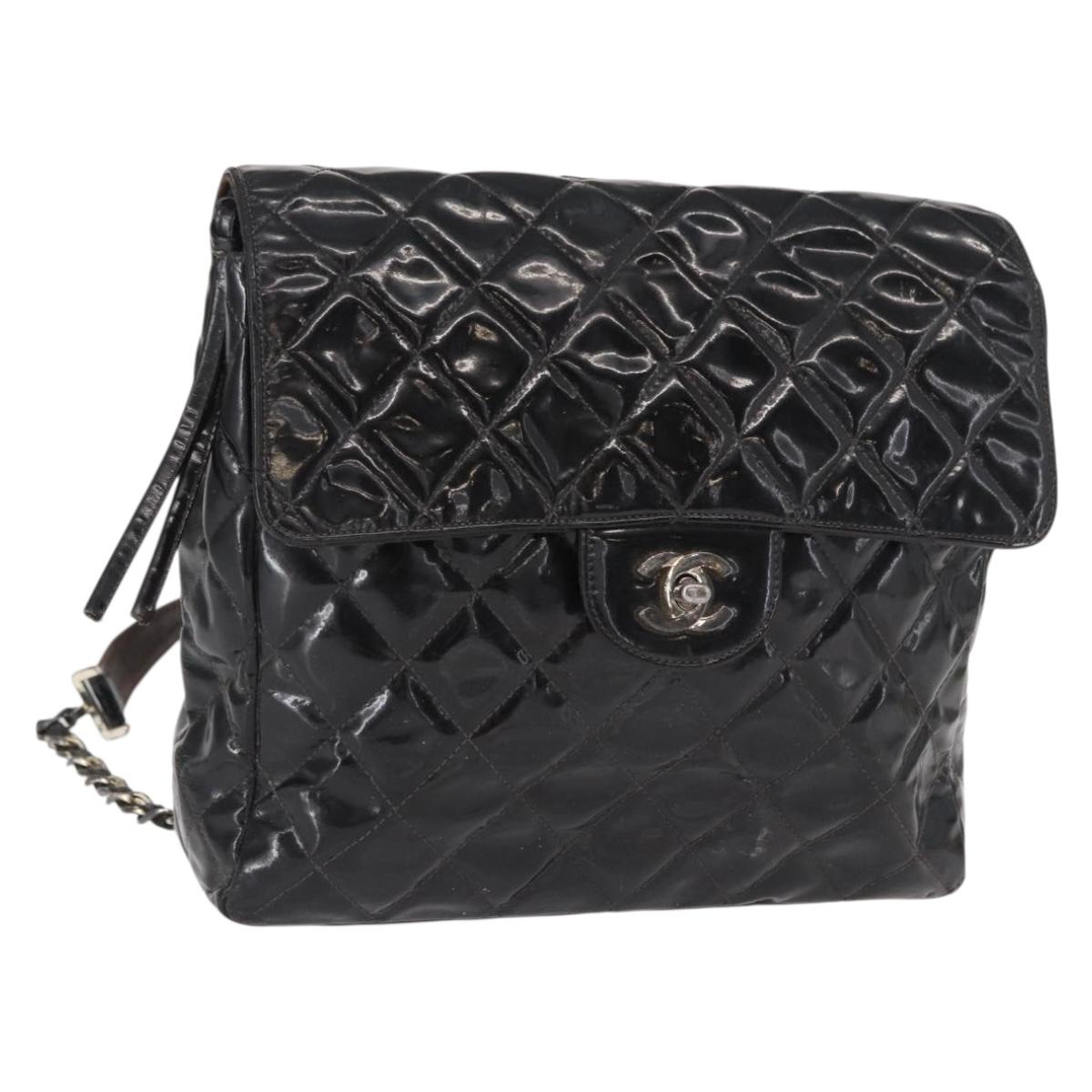 CHANEL Matelasse 25 Chain Backpack Enamel Black Silver CC Auth gh1554