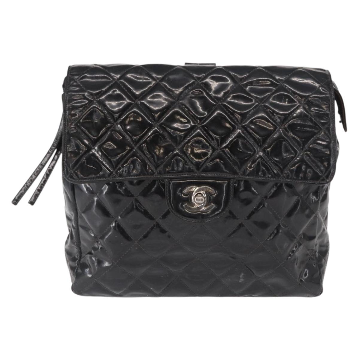 CHANEL Matelasse 25 Chain Backpack Enamel Black Silver CC Auth gh1554