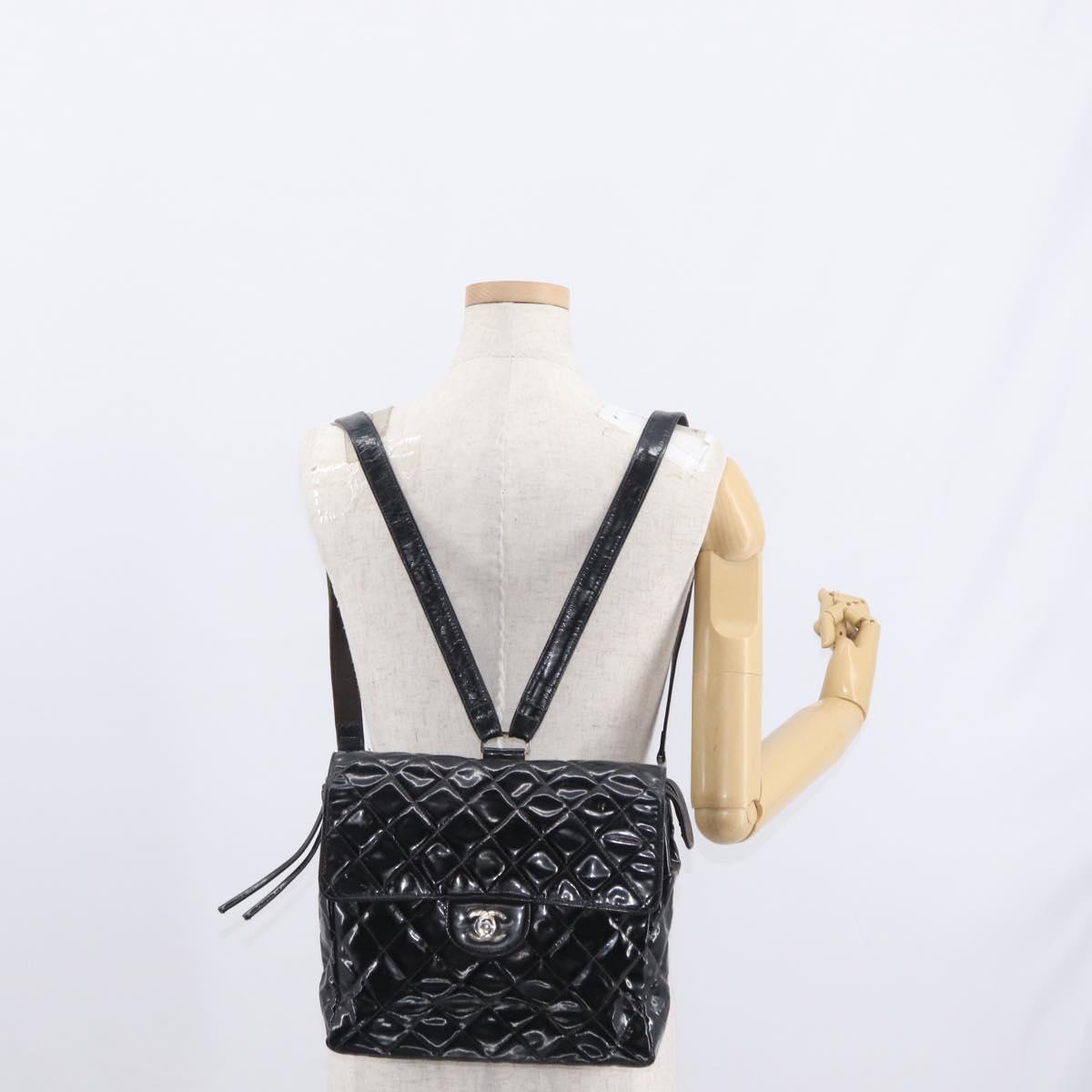 CHANEL Matelasse 25 Chain Backpack Enamel Black Silver CC Auth gh1554