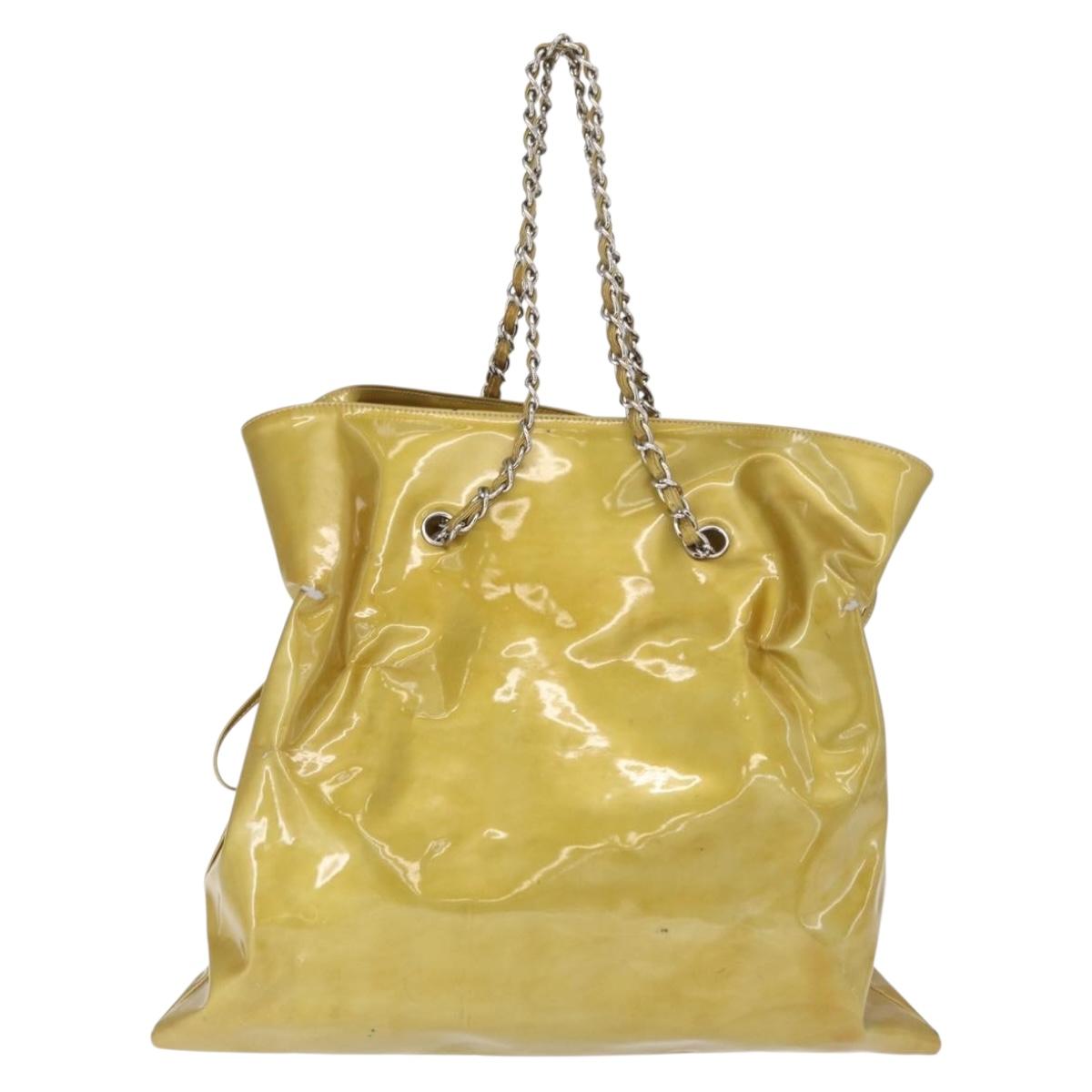 CHANEL COCO Mark Chain Tote Bag Patent leather Yellow Silver CC Auth gh1643