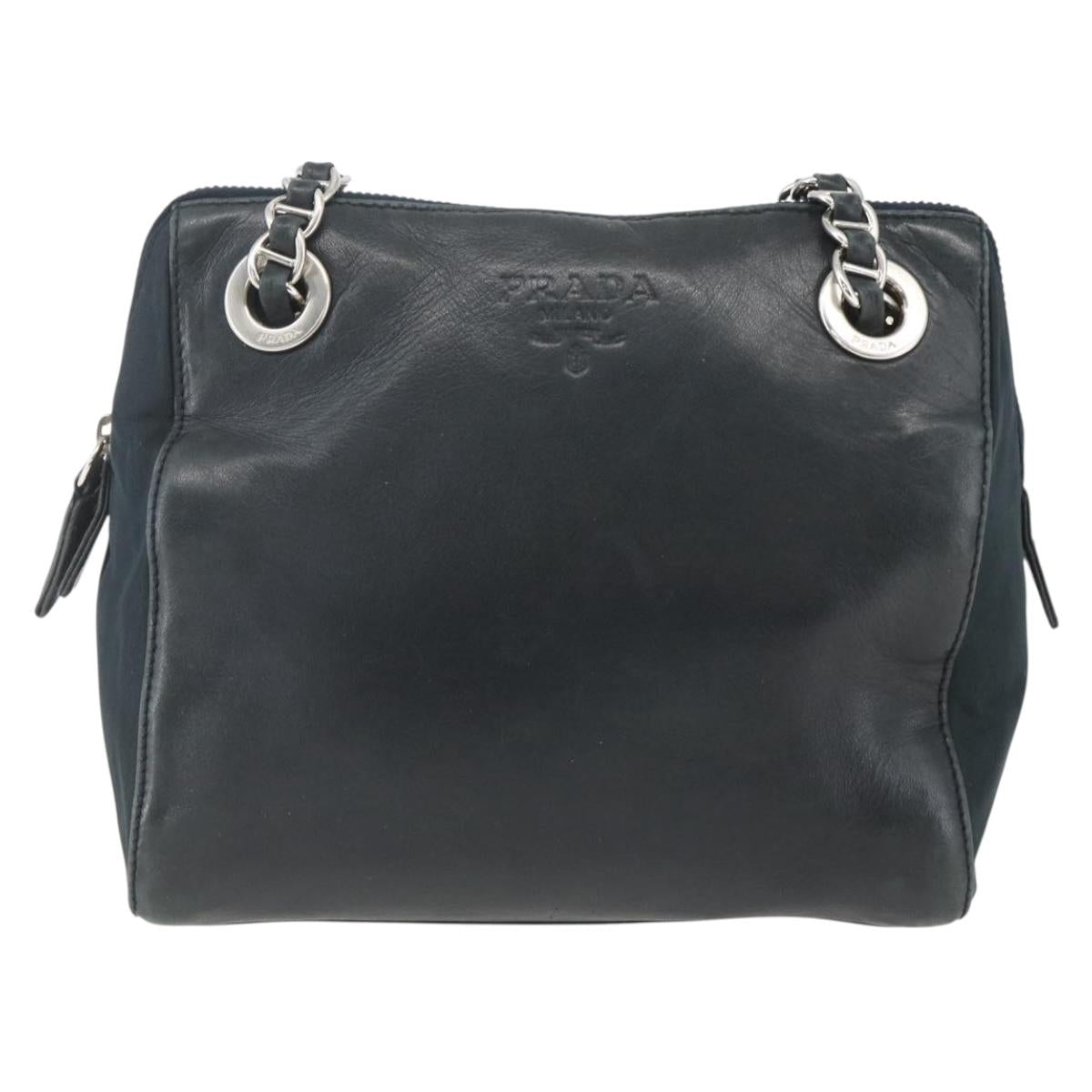 PRADA Chain Shoulder Bag Leather Navy Silver Auth gh1663