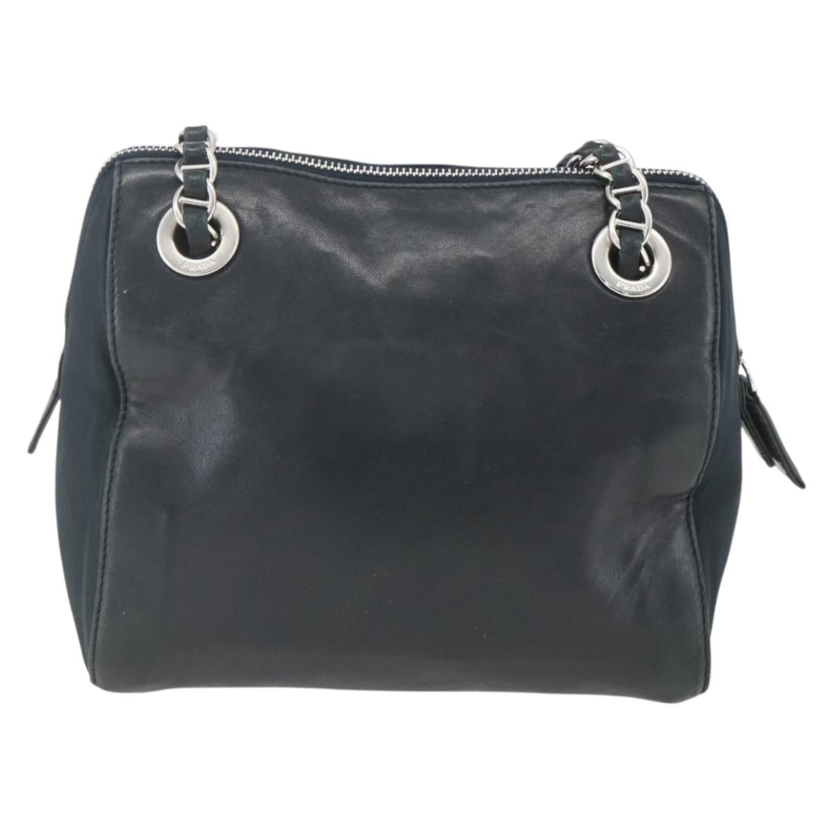 PRADA Chain Shoulder Bag Leather Navy Silver Auth gh1663