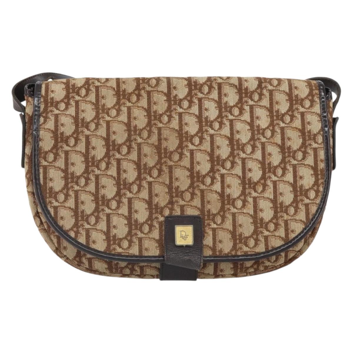 Christian Dior Trotter Canvas Shoulder Bag Brown Gold Auth gh1667