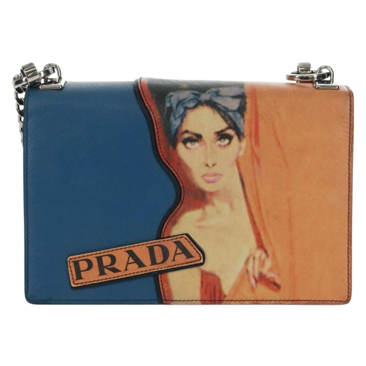PRADA Chain Shoulder Bag Safiano leather Blue Orange Silver Auth gh1673V