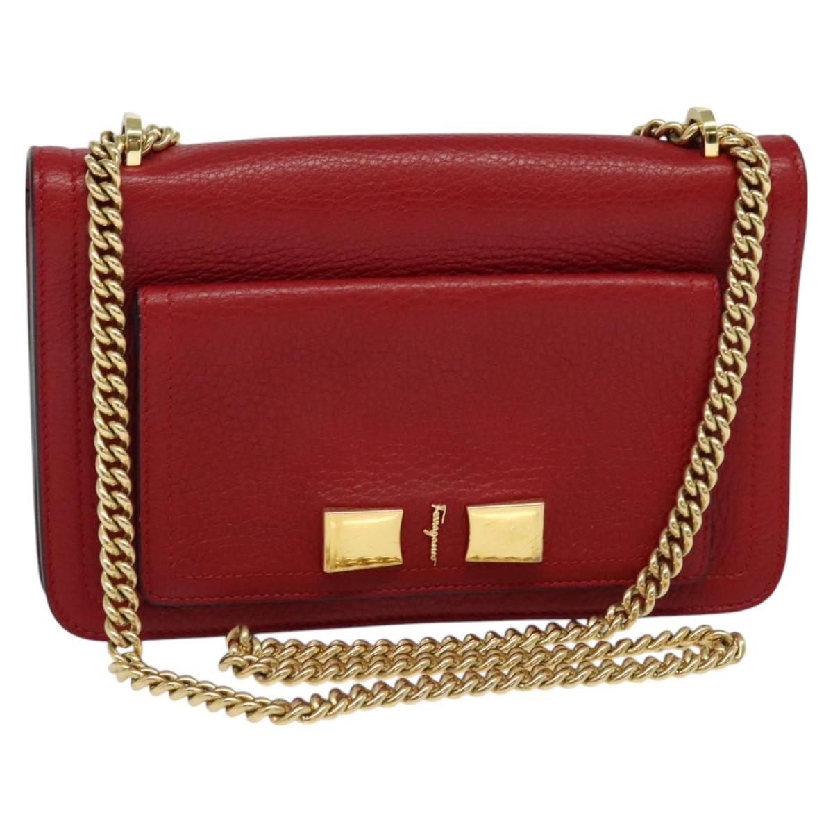 Salvatore Ferragamo Vala Chain Shoulder Bag Leather Red Gold Auth gh168