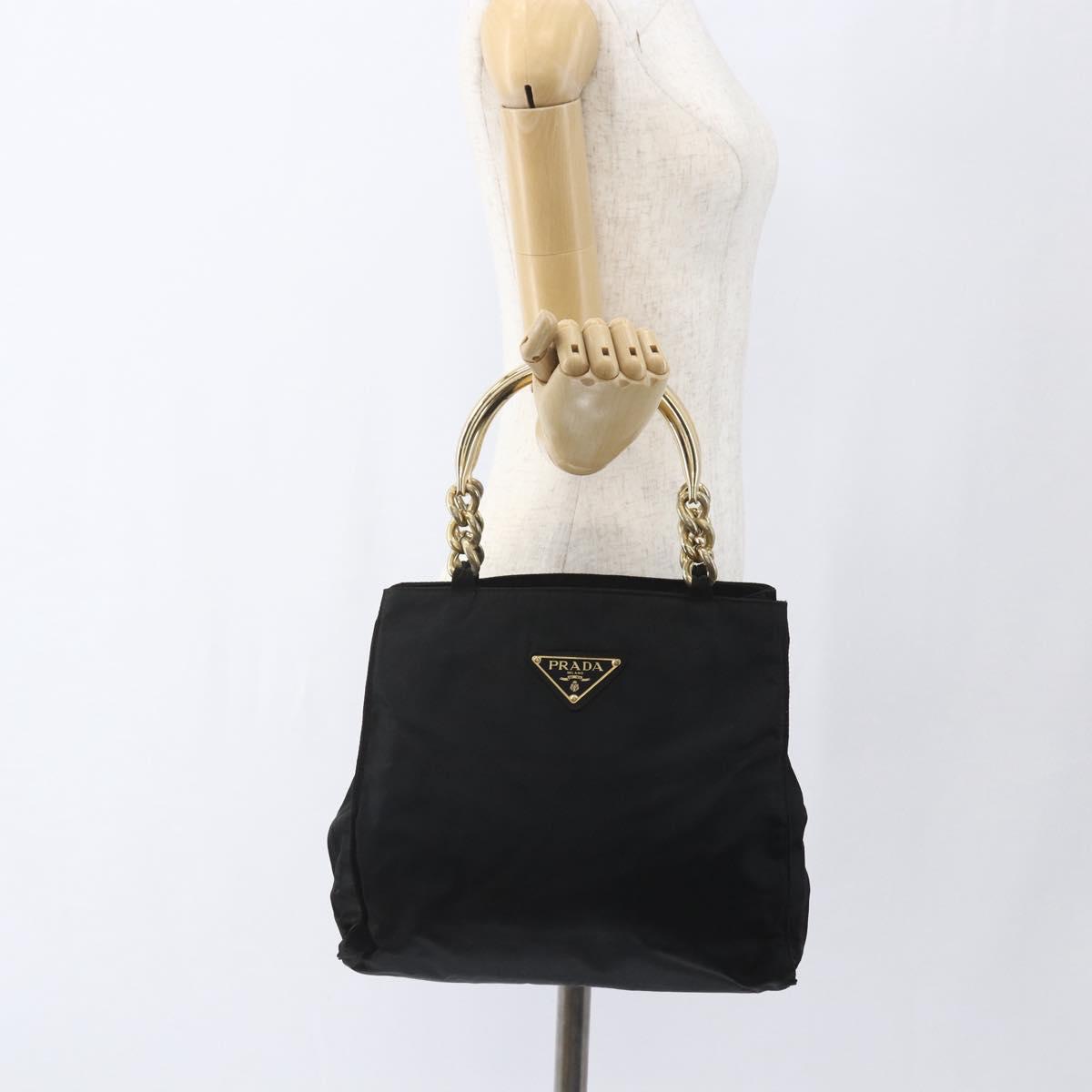 PRADA Chain Hand Bag Nylon Black Gold Auth gh1687
