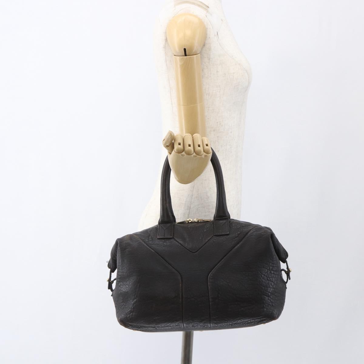 SAINT LAURENT Easy Boston Bag Leather Dark Brown Gold Auth gh1693