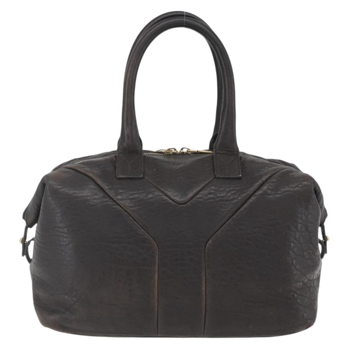 SAINT LAURENT Easy Boston Bag Leather Dark Brown Gold Auth gh1693