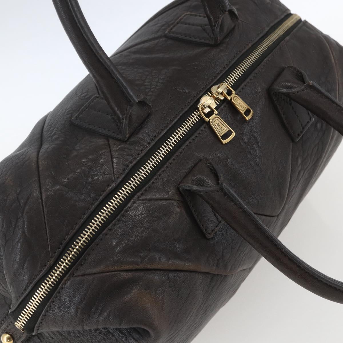 SAINT LAURENT Easy Boston Bag Leather Dark Brown Gold Auth gh1693