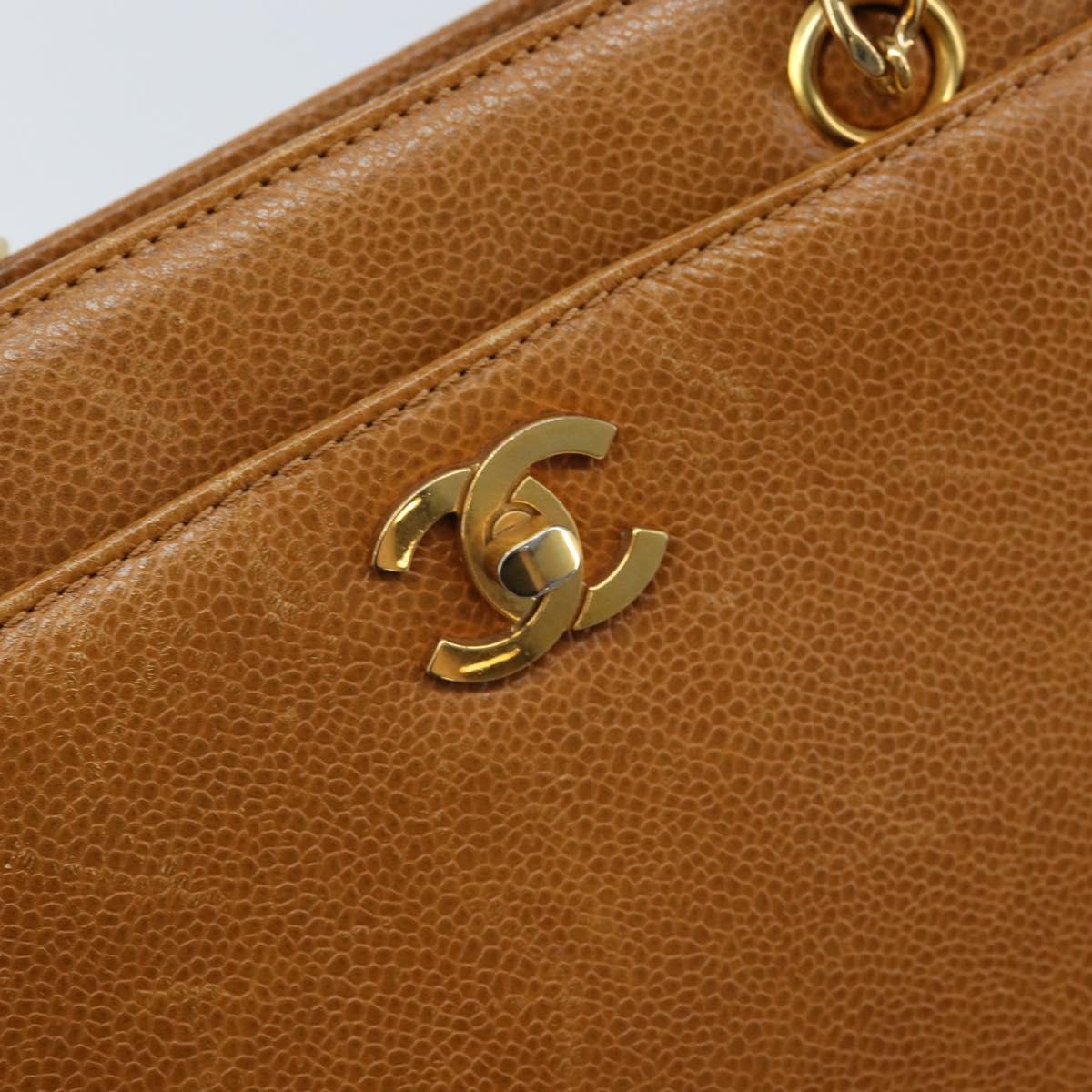CHANEL Chain Tote Bag Caviar Skin Gold Brown CC Auth gh1738