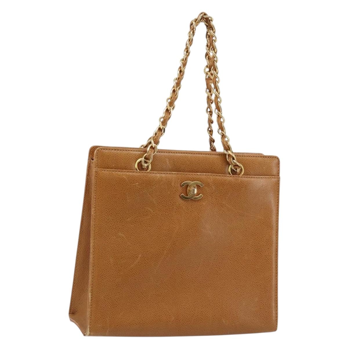 CHANEL Chain Tote Bag Caviar Skin Gold Brown CC Auth gh1738