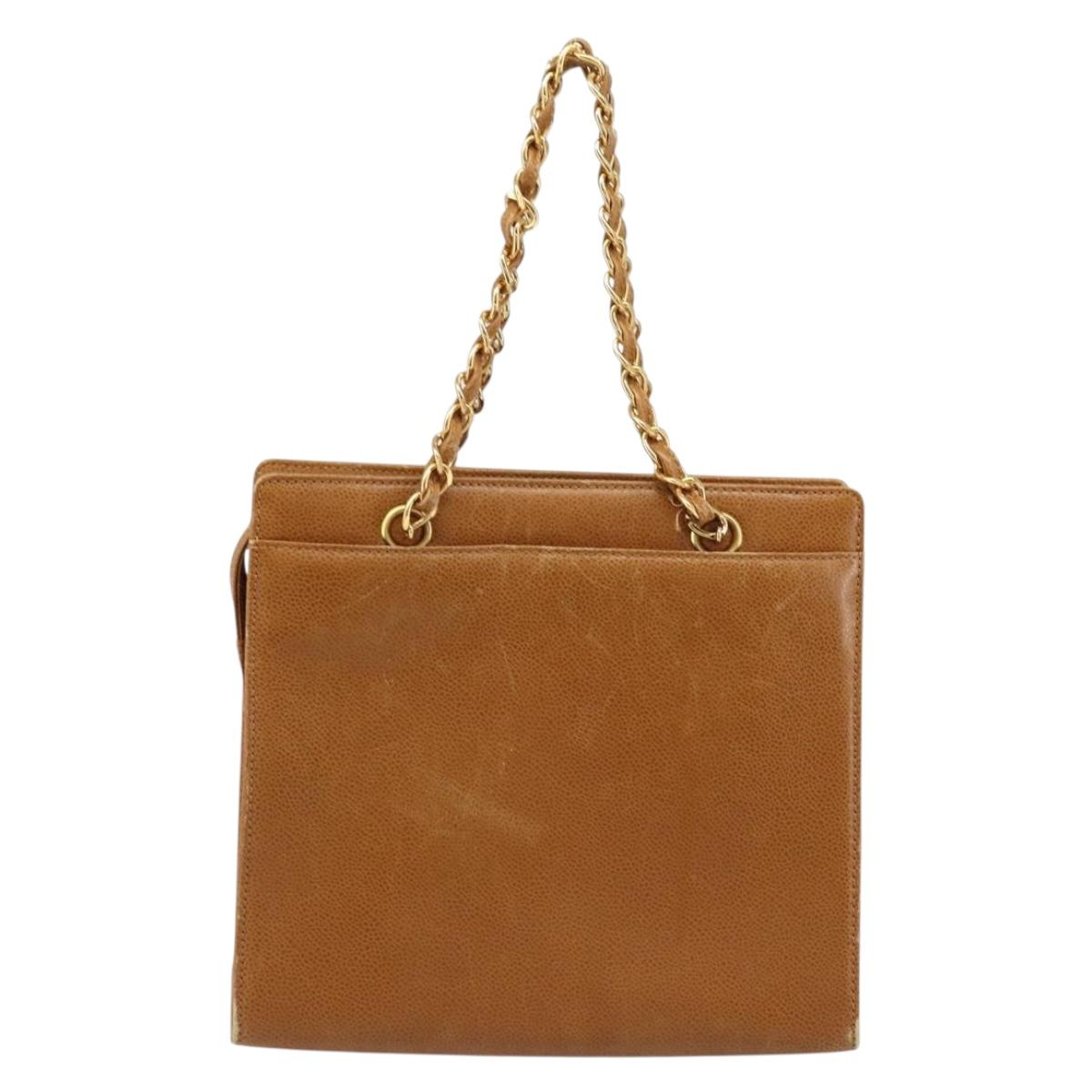 CHANEL Chain Tote Bag Caviar Skin Gold Brown CC Auth gh1738