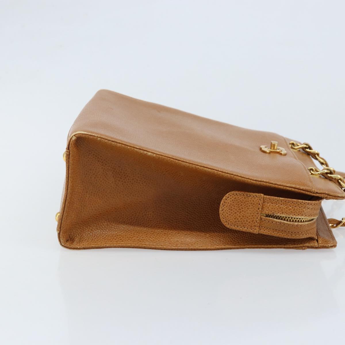 CHANEL Chain Tote Bag Caviar Skin Gold Brown CC Auth gh1738