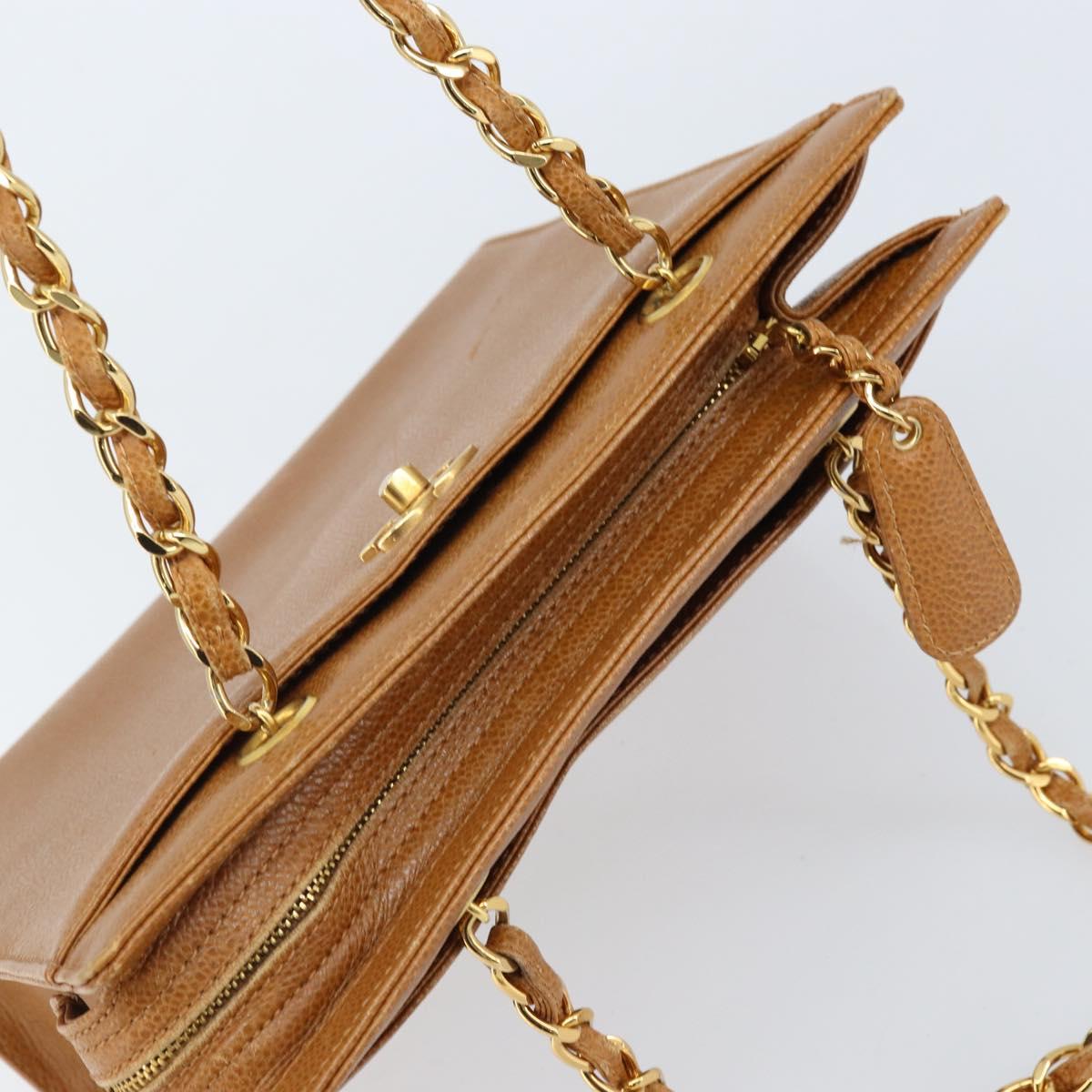 CHANEL Chain Tote Bag Caviar Skin Gold Brown CC Auth gh1738