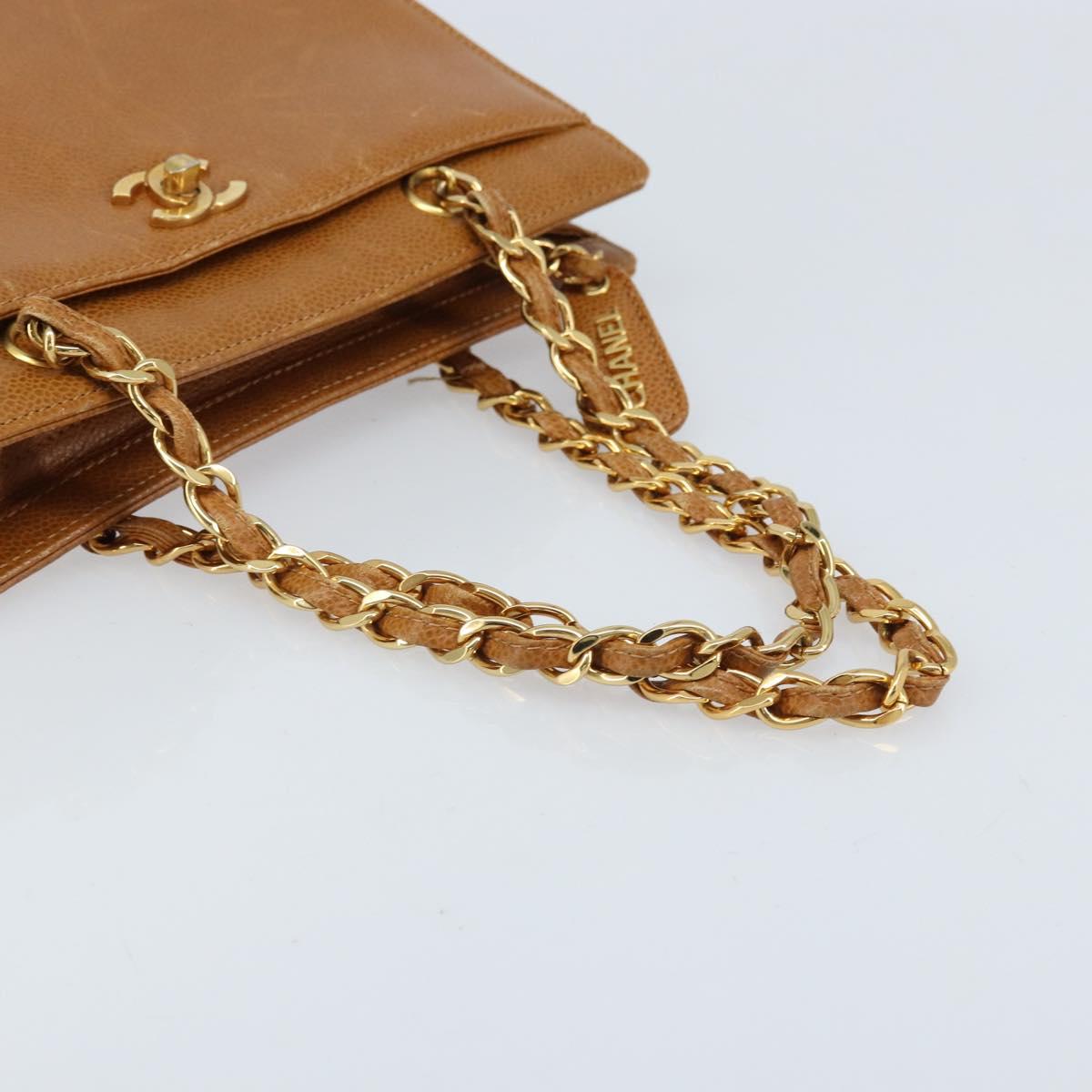 CHANEL Chain Tote Bag Caviar Skin Gold Brown CC Auth gh1738