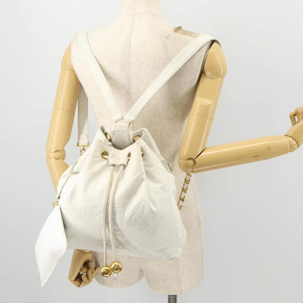 CHANEL Backpack Leather White Gold CC Auth gh1739