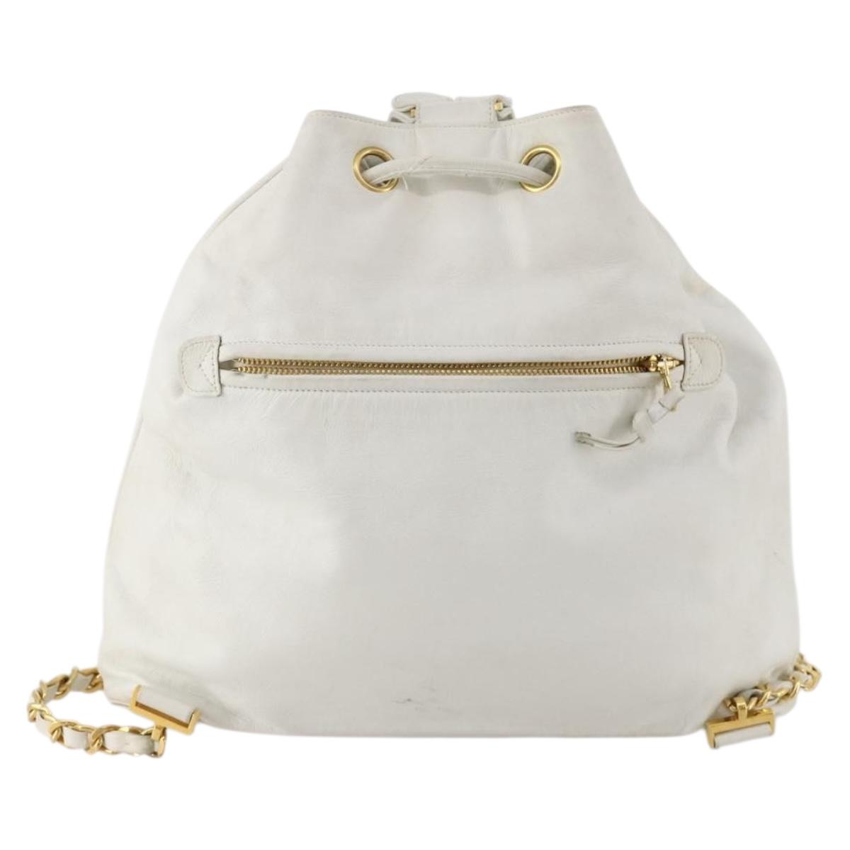 CHANEL Backpack Leather White Gold CC Auth gh1739
