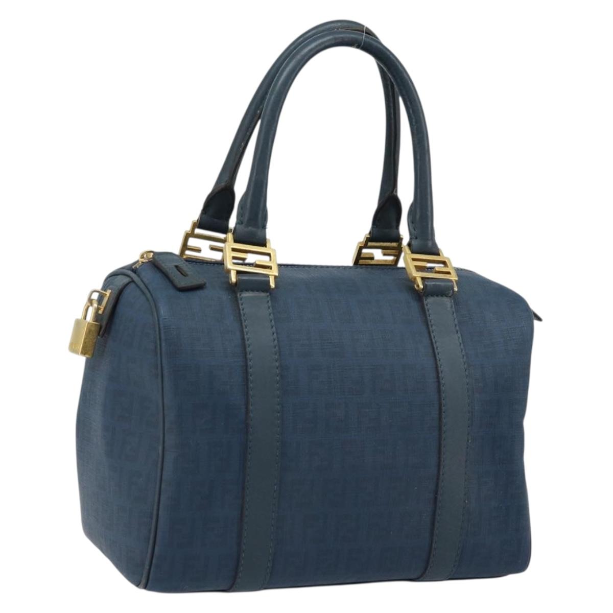 FENDI Zucchino Canvas Boston Bag Navy Gold Auth gh1746