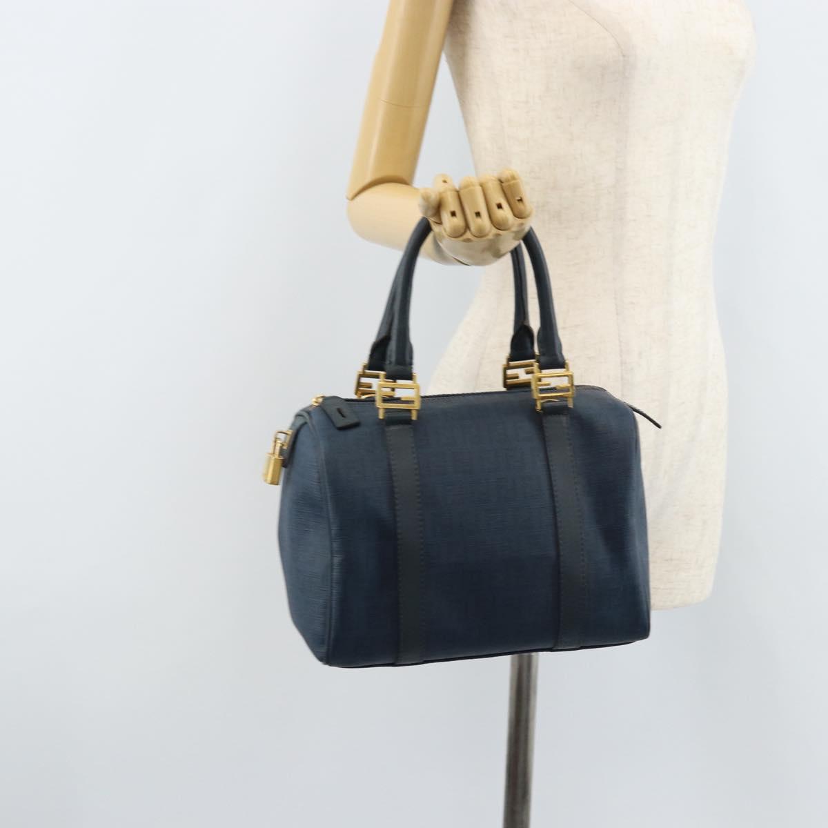 FENDI Zucchino Canvas Boston Bag Navy Gold Auth gh1746