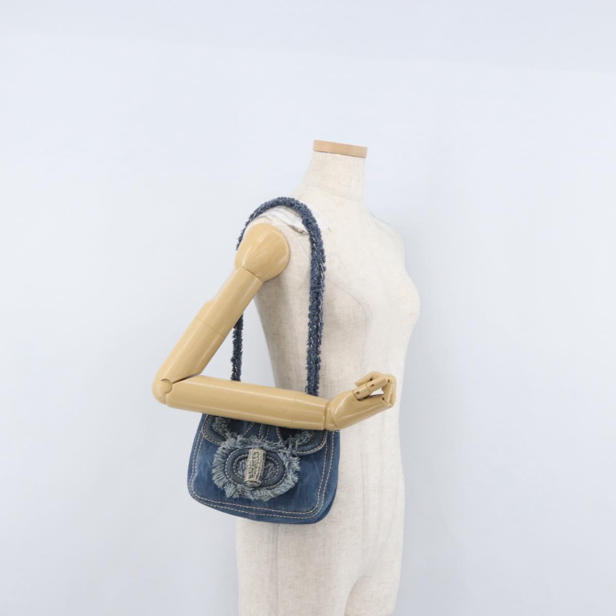 PRADA Chain Shoulder Bag Denim Blue Silver Auth gh1755V