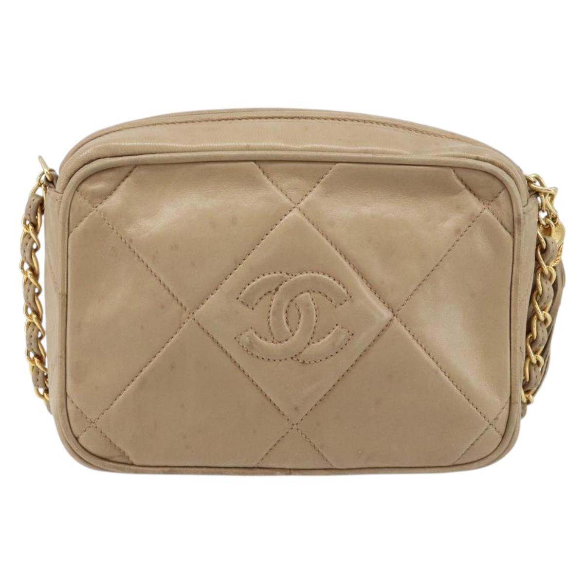 CHANEL Matelasse Chain Shoulder Bag Lamb Skin Beige Gold CC Auth gh1759