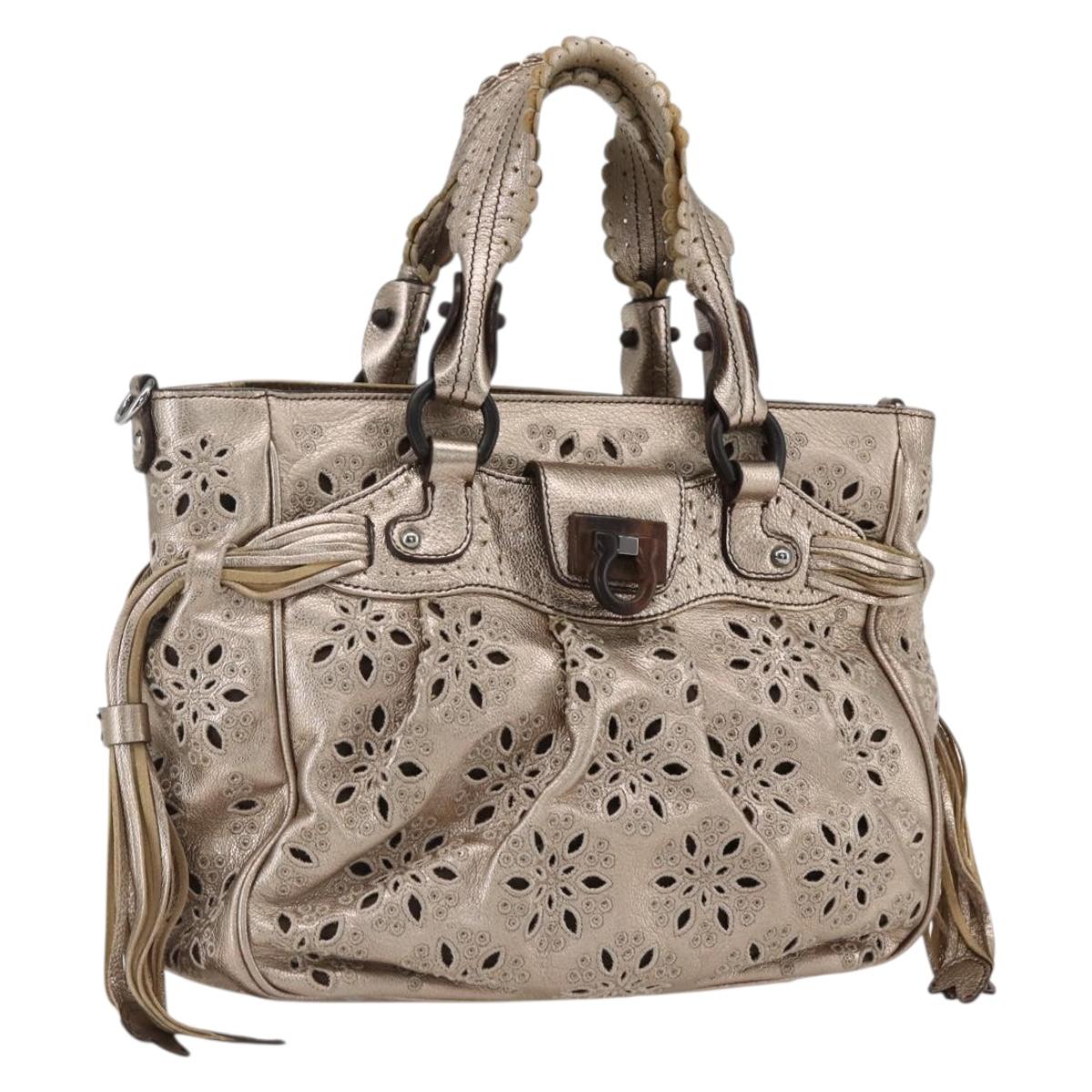 Salvatore Ferragamo Gancini Hand Bag Leather Champagne Gold Silver Auth gh1771