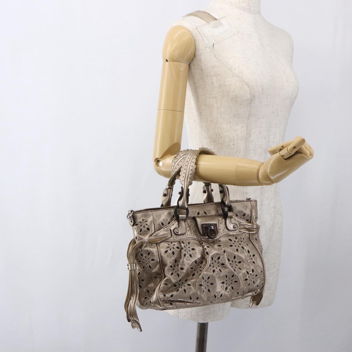 Salvatore Ferragamo Gancini Hand Bag Leather Champagne Gold Silver Auth gh1771