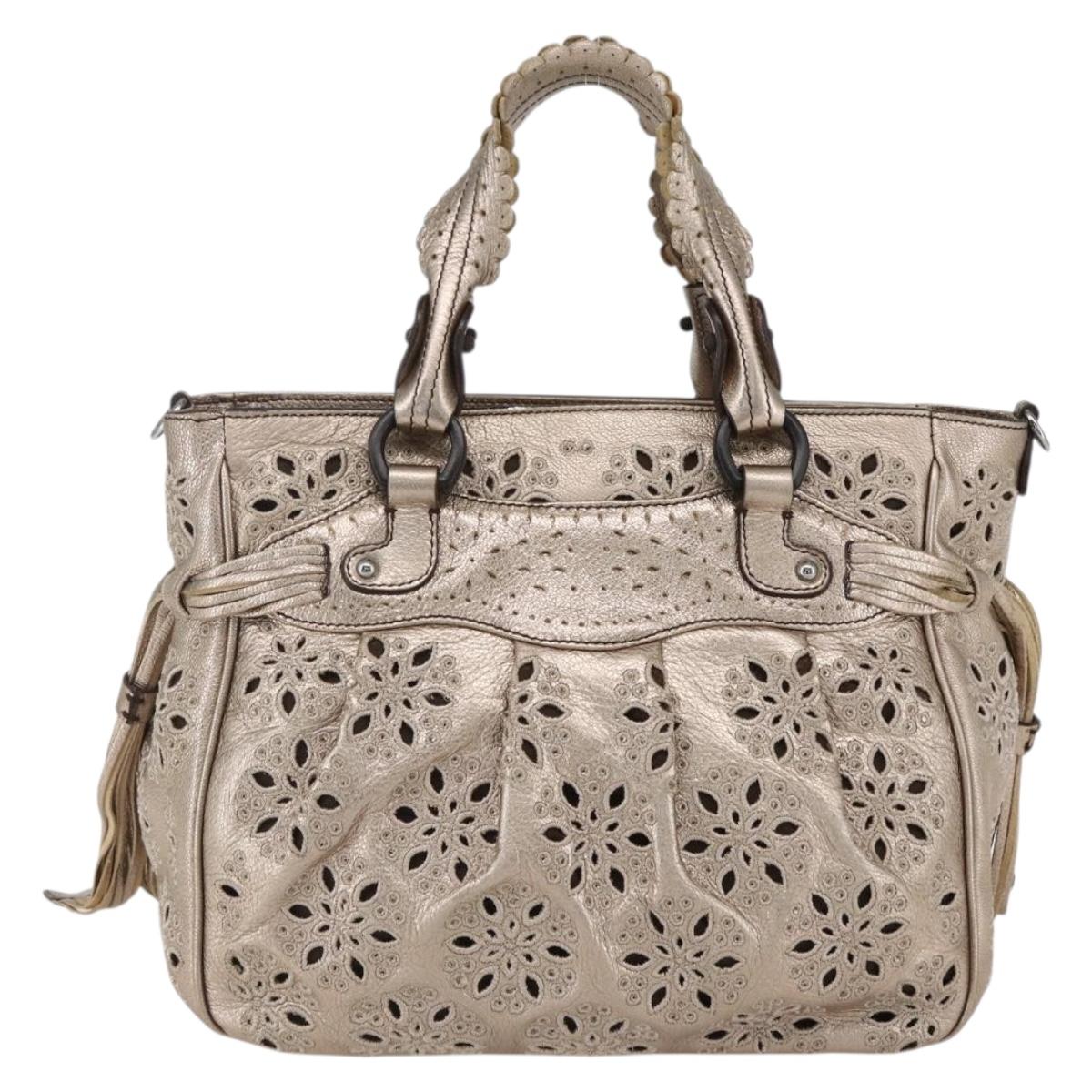 Salvatore Ferragamo Gancini Hand Bag Leather Champagne Gold Silver Auth gh1771