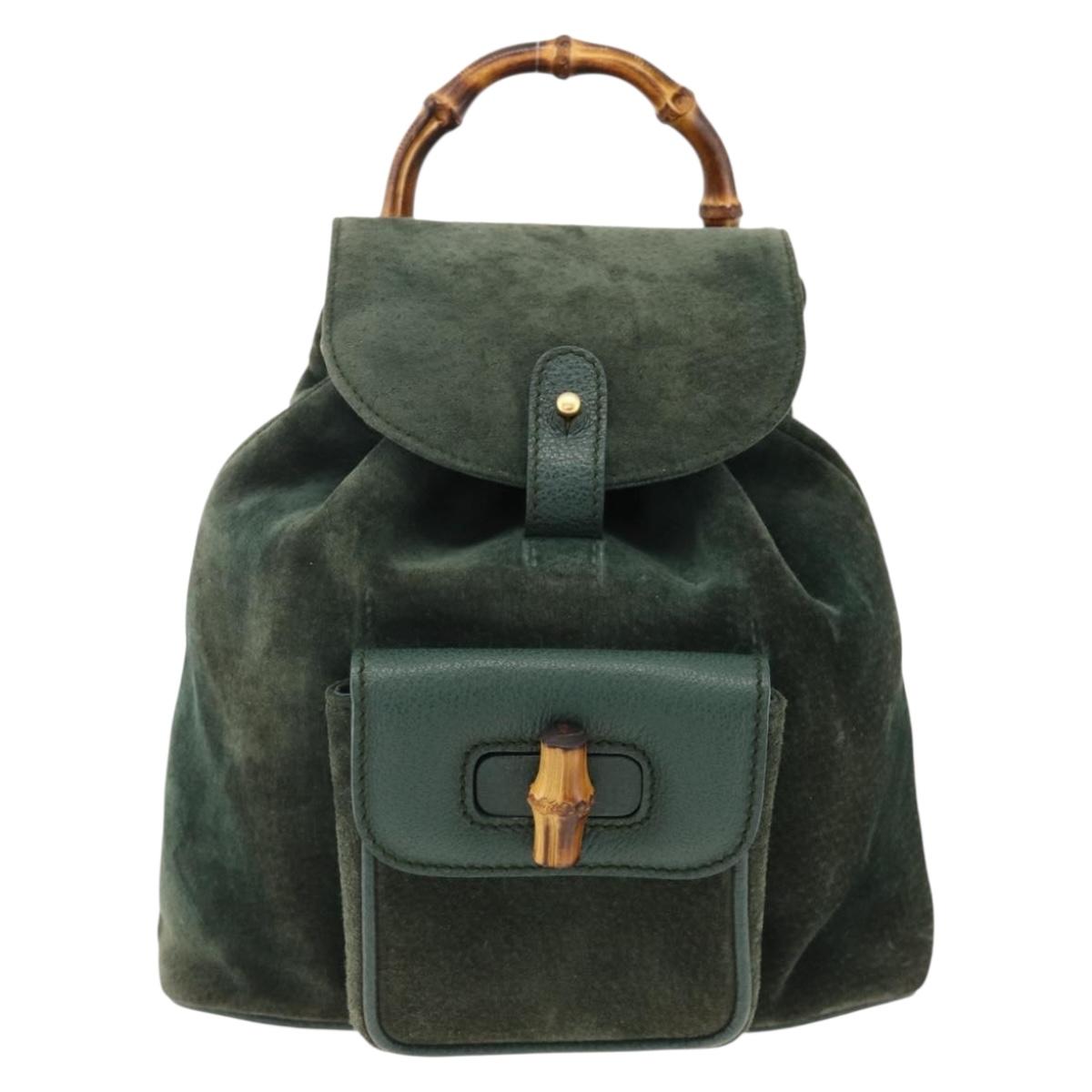 GUCCI Bamboo Backpack Suede Leather Green Gold Auth gh1772