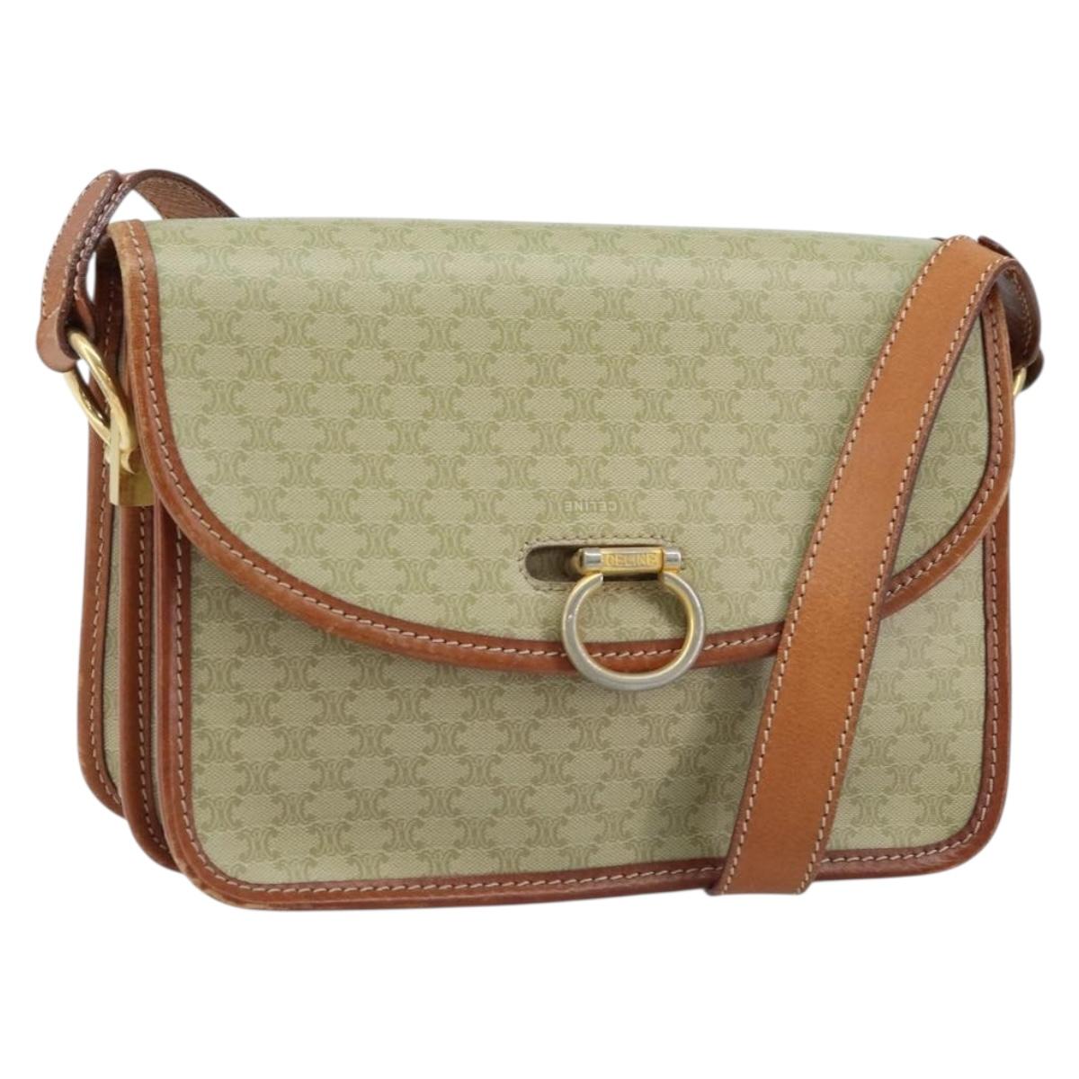 CELINE Macadam Canvas Shoulder Bag PVC Leather Beige Gold Auth gh1779