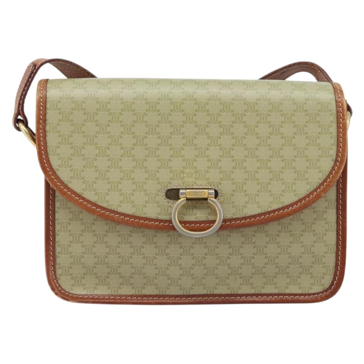 CELINE Macadam Canvas Shoulder Bag PVC Leather Beige Gold Auth gh1779