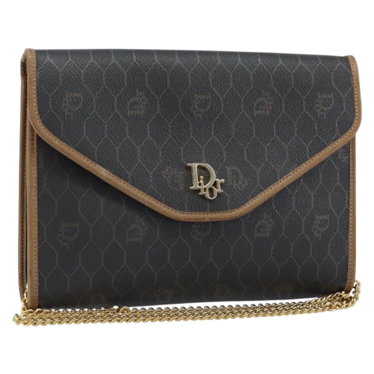 Christian Dior Honeycomb Canvas Chain Shoulder Bag PVC Black Gold Auth gh1780