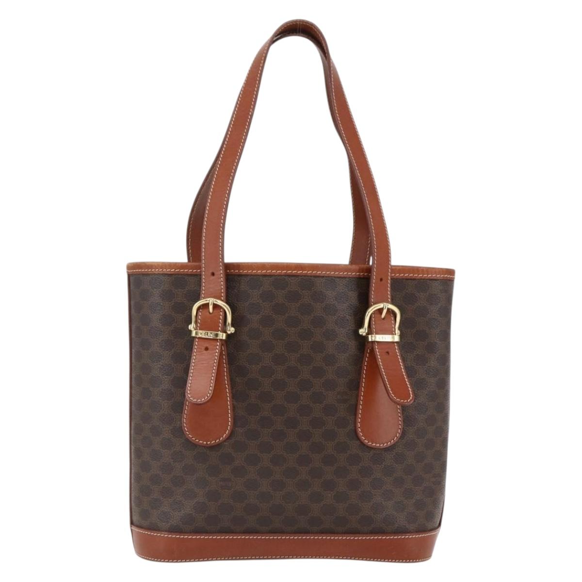 CELINE Macadam Canvas Hand Bag PVC Leather Brown Gold Auth gh1781