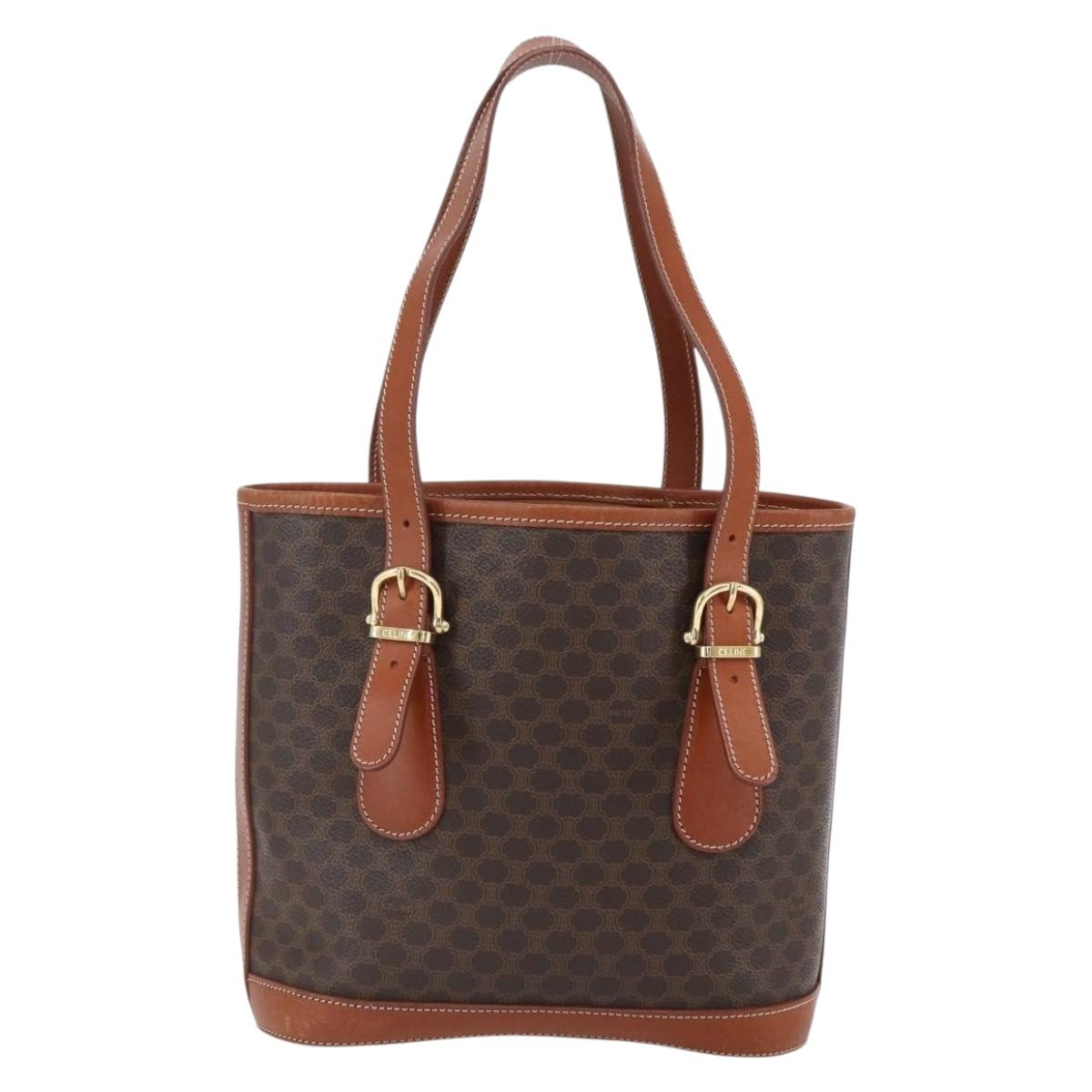 CELINE Macadam Canvas Hand Bag PVC Leather Brown Gold Auth gh1781
