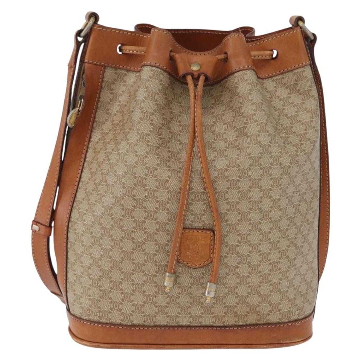CELINE Macadam Canvas Shoulder Bag PVC Leather Beige Gold Auth gh1784