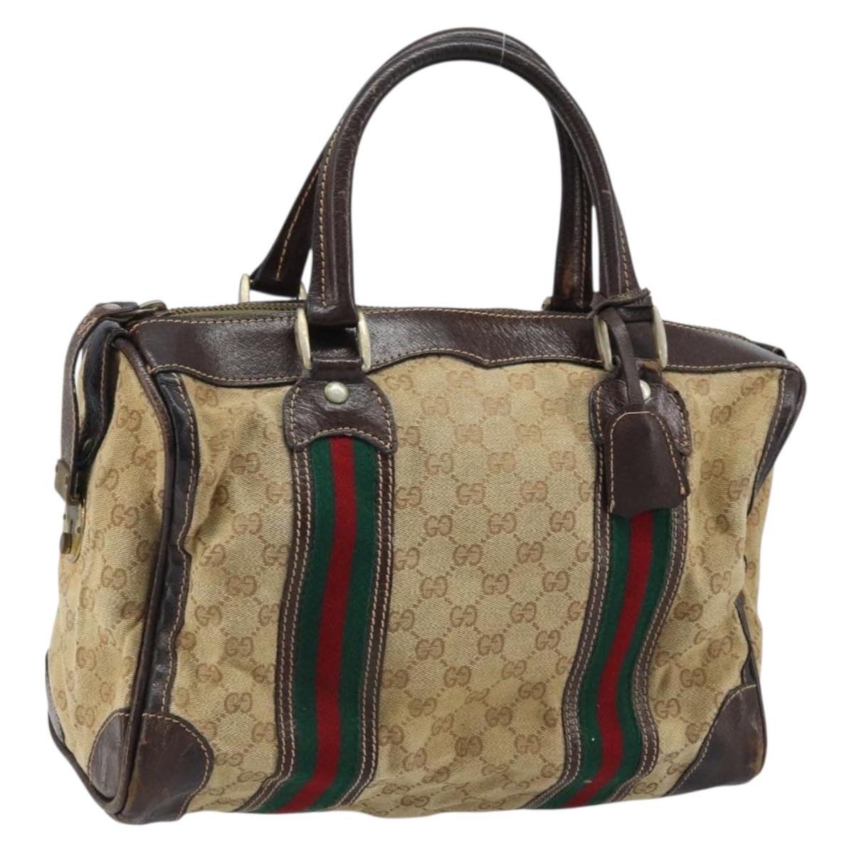GUCCI GG Canvas Web Sherry Line Boston Bag Beige Gold Red Auth gh1789