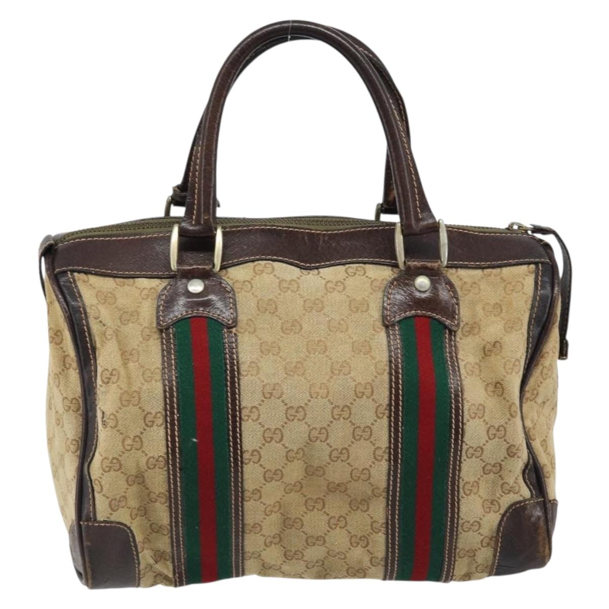GUCCI GG Canvas Web Sherry Line Boston Bag Beige Gold Red Auth gh1789