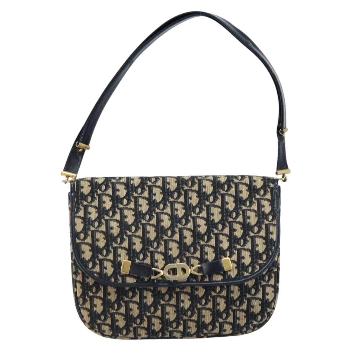 Christian Dior Trotter Canvas Shoulder Bag Navy Gold Auth gh1790
