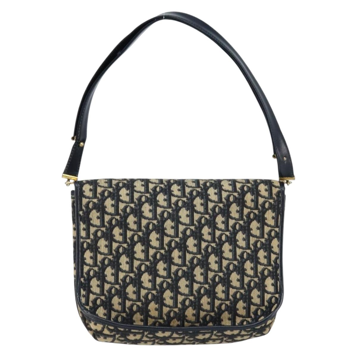 Christian Dior Trotter Canvas Shoulder Bag Navy Gold Auth gh1790