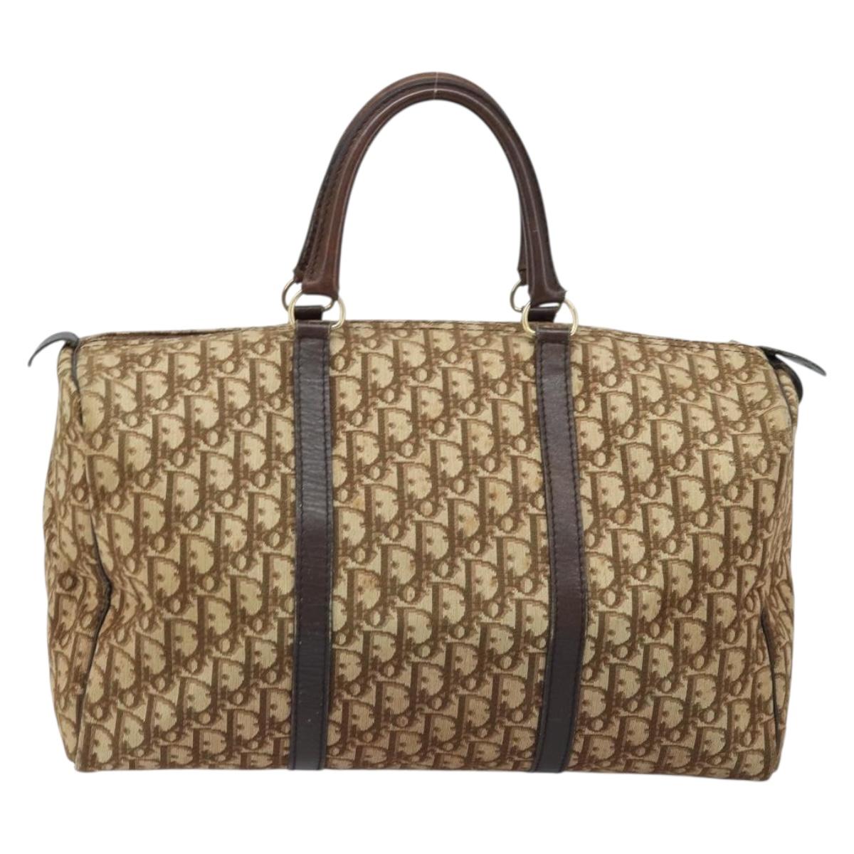 Christian Dior Trotter Canvas Boston Bag Beige Gold Auth gh1809