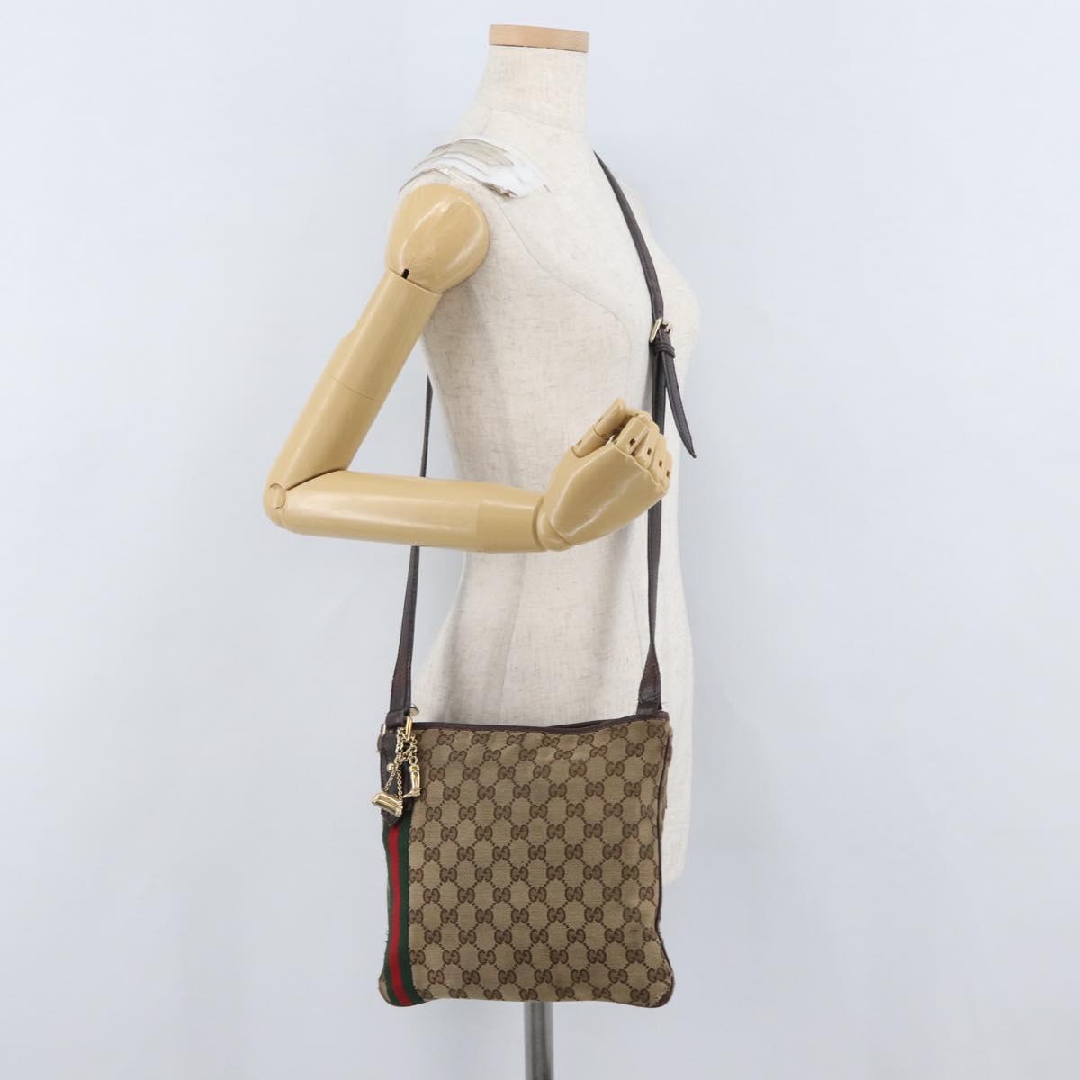 GUCCI GG Canvas Web Sherry Line Shoulder Bag Beige Gold Red 144388 Auth gh1840